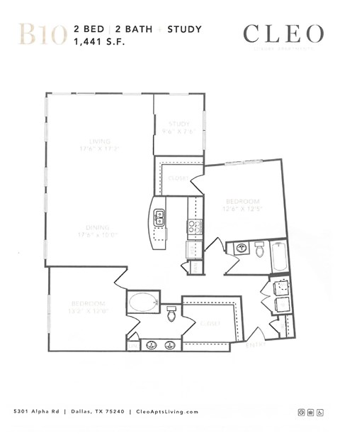 A black and white image of a floor plan for a 2 bedroom, 2 bathroom apartment.
